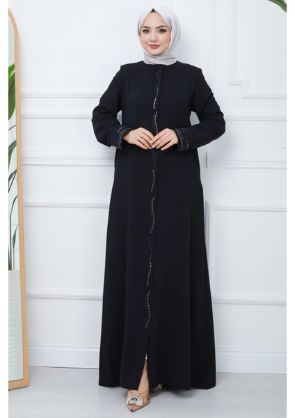Petek Kumaş Büyük Beden Taşlı Ferace Siyah HM2352 modelleri