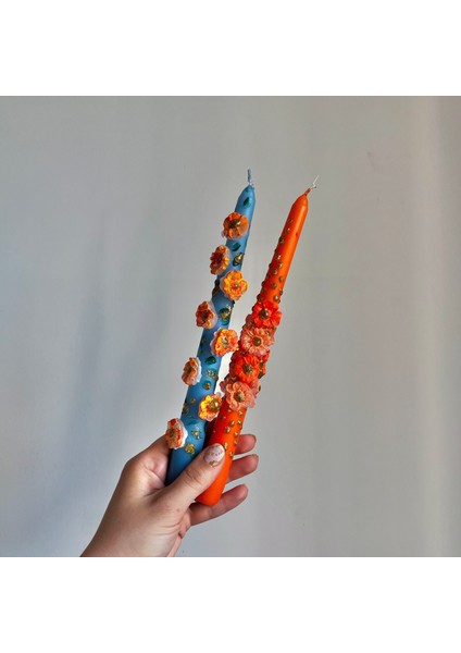 Turuncu-Mavi Üzeri Çiçekli 3D Şamdan Mum Seti 25CM
