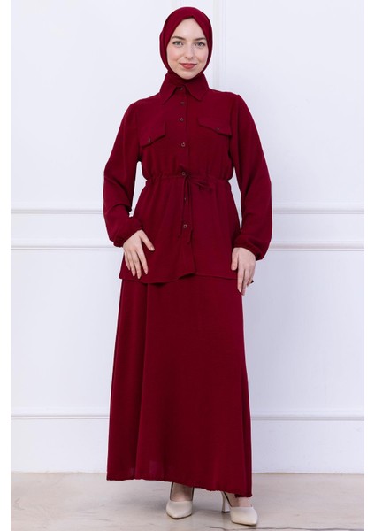 Beli Bağlamalı Etekli Ayrobin Takım Bordo HM2734