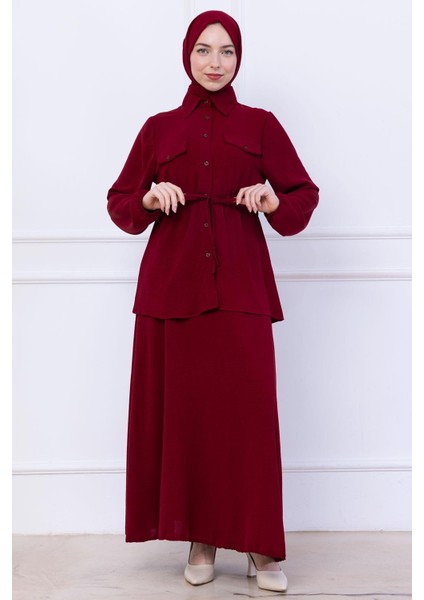 Beli Bağlamalı Etekli Ayrobin Takım Bordo HM2734 modelleri