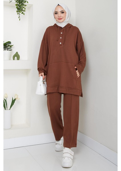 Çıtçıtlı Kapüşonlu Ikili Takım Kahverengi HM2646