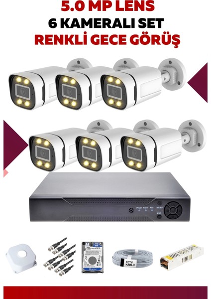 6 Kameralı Set - 5mp Sony Lensli Full Hd Renkli Gece Görüşlü Güvenlik Kamerası Sistemi - Y8RIW95G3V