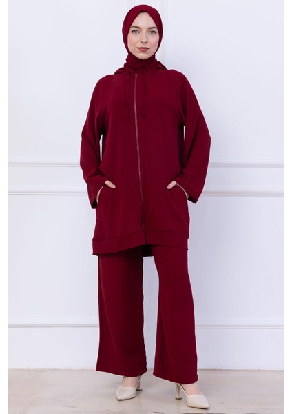 Kapüşonlu Kanguru Cepli Fermuarlı Ayrobin Takım Bordo HM2731