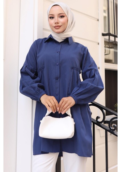 Büzgü Detaylı Balon Kol Gömlek Lacivert HM2763