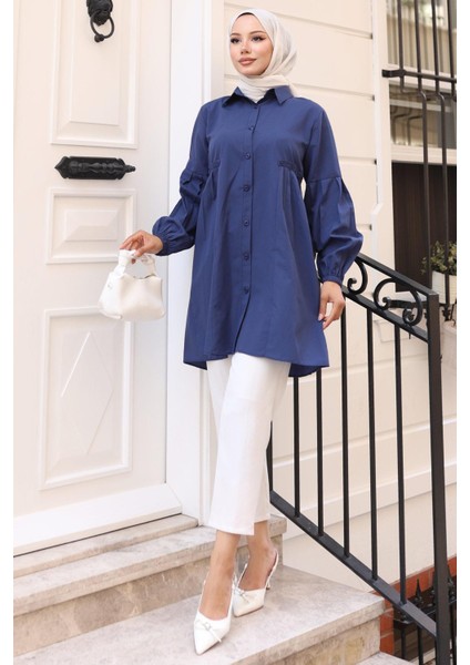 Büzgü Detaylı Balon Kol Gömlek Lacivert HM2763 modelleri