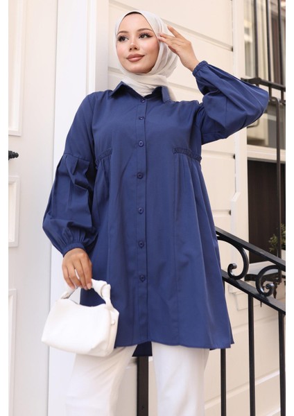 Büzgü Detaylı Balon Kol Gömlek Lacivert HM2763 fırsatları