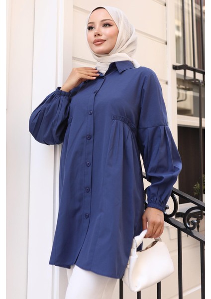 Büzgü Detaylı Balon Kol Gömlek Lacivert HM2763 indirimleri