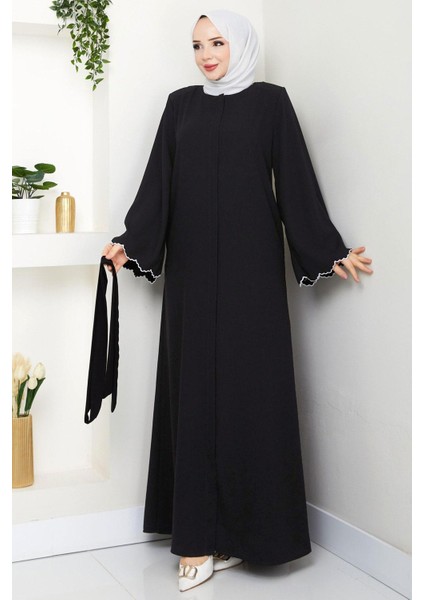 Kol Ucu Nakışlı Kuşaklı Ferace Siyah HM2728 fiyatları