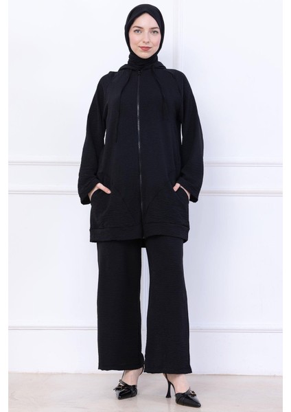 Kapüşonlu Kanguru Cepli Fermuarlı Ayrobin Takım Siyah HM2731