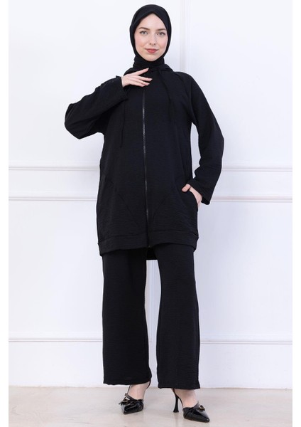 Kapüşonlu Kanguru Cepli Fermuarlı Ayrobin Takım Siyah HM2731 modelleri