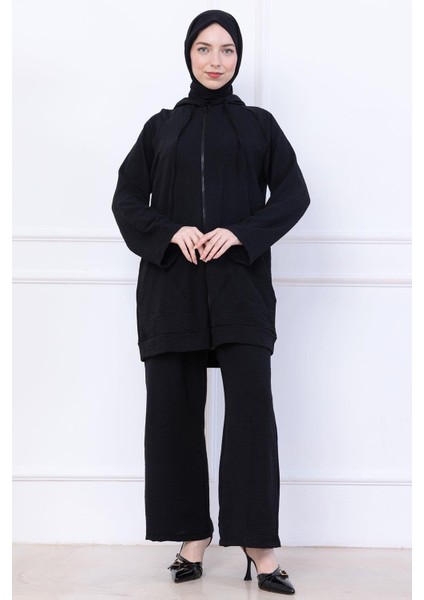 Kapüşonlu Kanguru Cepli Fermuarlı Ayrobin Takım Siyah HM2731 indirimleri
