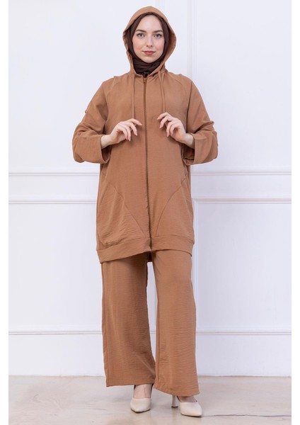 Kapüşonlu Kanguru Cepli Fermuarlı Ayrobin Takım Camel HM2731 modelleri