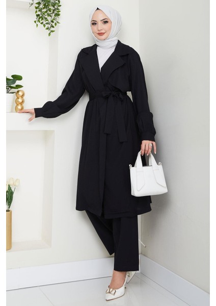 Yazlık Kruvaze Yaka Trençkot Ikili Takım Siyah HM2703
