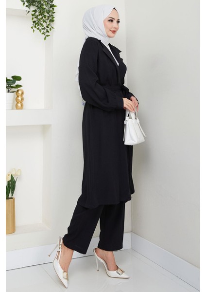 Yazlık Kruvaze Yaka Trençkot Ikili Takım Siyah HM2703 modelleri