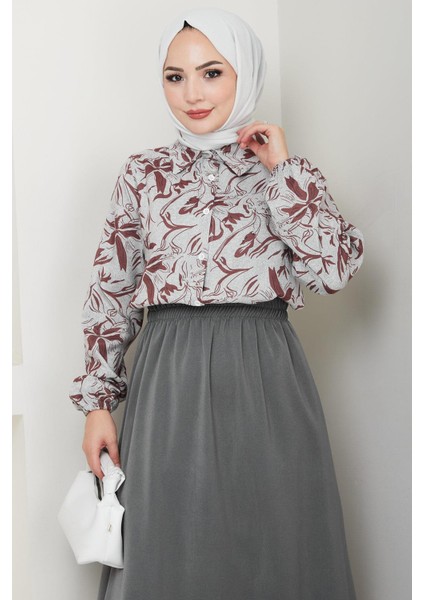 Çiçek Desenli Etekli Takım Kahverengi HM2739 modelleri