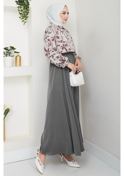 Çiçek Desenli Etekli Takım Kahverengi HM2739 fırsatları