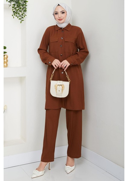 Çift Cepli Gömlekli Ikili Takım Kahverengi HM2685