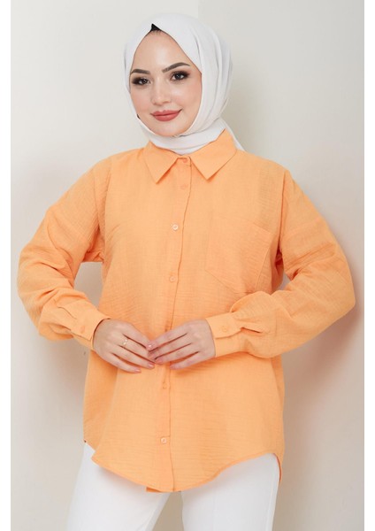 Tek Cepli Uzun Kol Oversize Keten Gömlek Turuncu HM2651