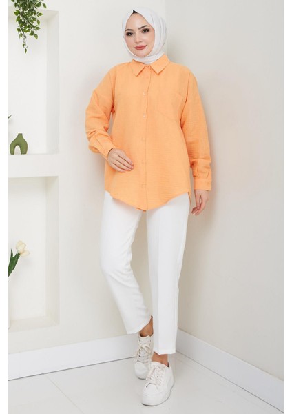 Tek Cepli Uzun Kol Oversize Keten Gömlek Turuncu HM2651 fiyatları