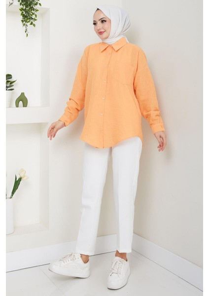 Tek Cepli Uzun Kol Oversize Keten Gömlek Turuncu HM2651 modelleri