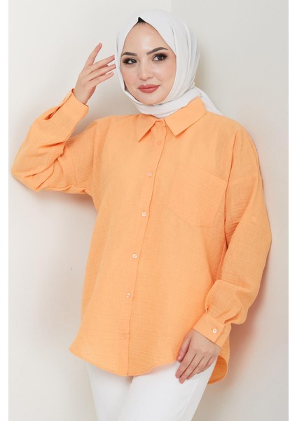 Tek Cepli Uzun Kol Oversize Keten Gömlek Turuncu HM2651 fırsatları