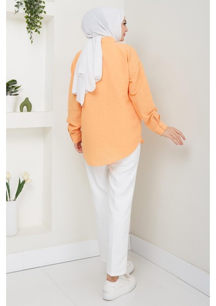 Tek Cepli Uzun Kol Oversize Keten Gömlek Turuncu HM2651 indirimleri