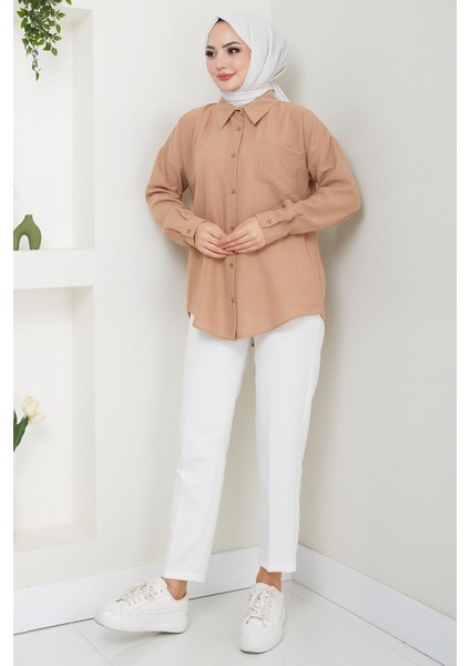Tek Cepli Uzun Kol Oversize Keten Gömlek Vizon HM2651