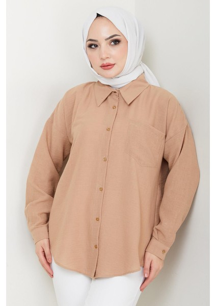 Tek Cepli Uzun Kol Oversize Keten Gömlek Vizon HM2651 modelleri