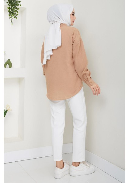 Tek Cepli Uzun Kol Oversize Keten Gömlek Vizon HM2651 fırsatları