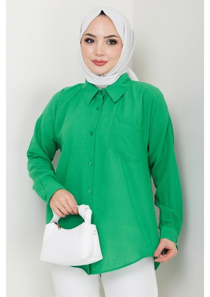 Tek Cepli Uzun Kol Oversize Keten Gömlek Yeşil HM2651