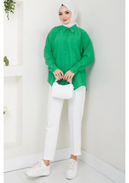 Tek Cepli Uzun Kol Oversize Keten Gömlek Yeşil HM2651 fiyatları