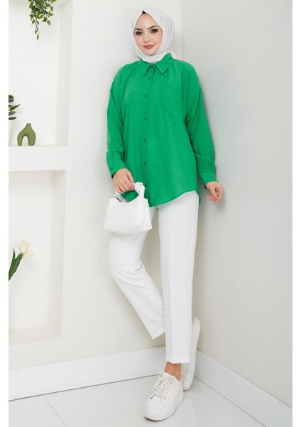 Tek Cepli Uzun Kol Oversize Keten Gömlek Yeşil HM2651 modelleri