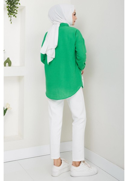Tek Cepli Uzun Kol Oversize Keten Gömlek Yeşil HM2651 fırsatları