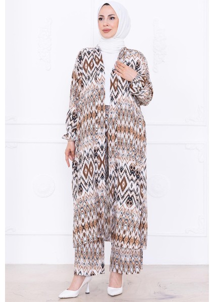 Seva Desenli Viskon Kimono Takım Kahverengi HM2762