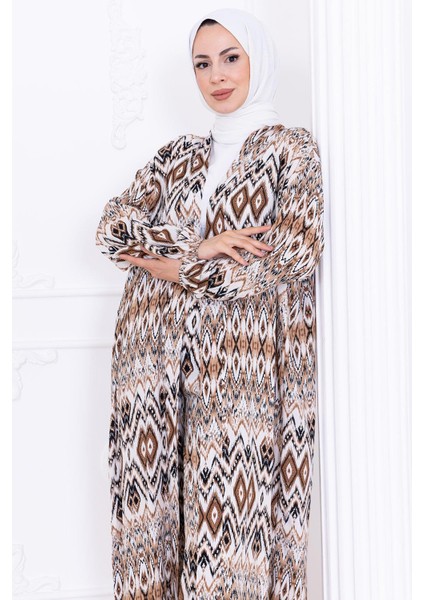 Seva Desenli Viskon Kimono Takım Kahverengi HM2762 modelleri