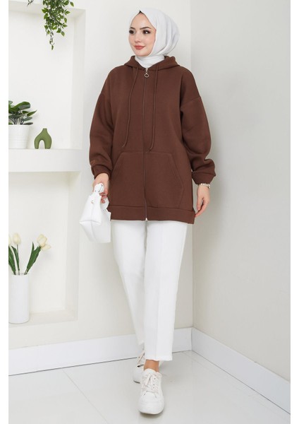 Kapüşonlu 3 Iplik Şardonlu Fermuarlı Sweatshirt Kahverengi HM2648