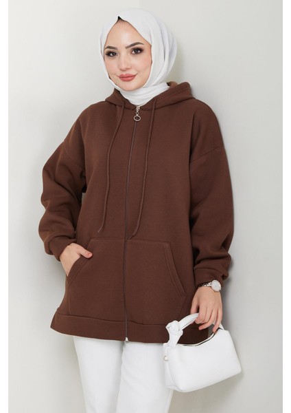 Kapüşonlu 3 Iplik Şardonlu Fermuarlı Sweatshirt Kahverengi HM2648 fiyatları