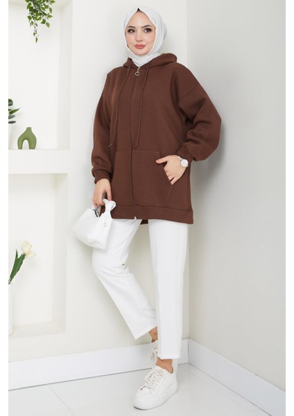 Kapüşonlu 3 Iplik Şardonlu Fermuarlı Sweatshirt Kahverengi HM2648 modelleri