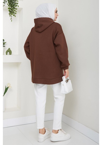 Kapüşonlu 3 Iplik Şardonlu Fermuarlı Sweatshirt Kahverengi HM2648 fırsatları