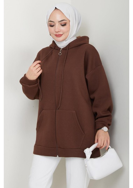 Kapüşonlu 3 Iplik Şardonlu Fermuarlı Sweatshirt Kahverengi HM2648 indirimleri