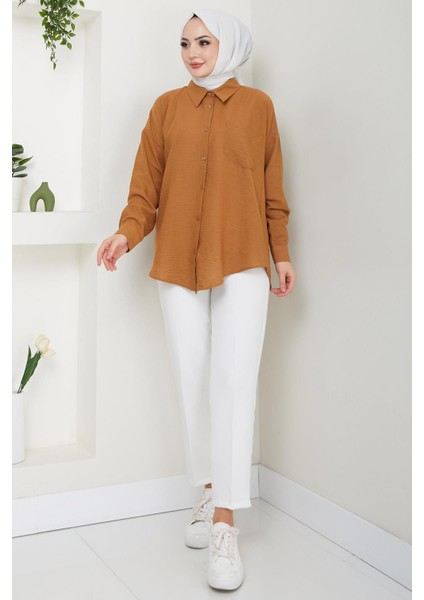 Tek Cepli Uzun Kol Oversize Keten Gömlek Taba HM2651