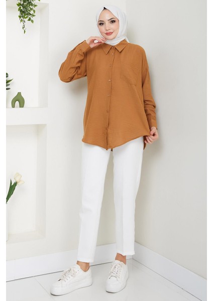 Tek Cepli Uzun Kol Oversize Keten Gömlek Taba HM2651 fiyatları
