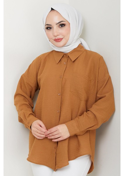 Tek Cepli Uzun Kol Oversize Keten Gömlek Taba HM2651 modelleri