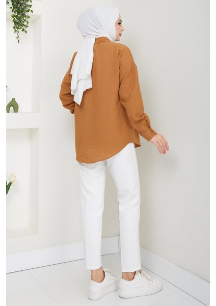 Tek Cepli Uzun Kol Oversize Keten Gömlek Taba HM2651 fırsatları