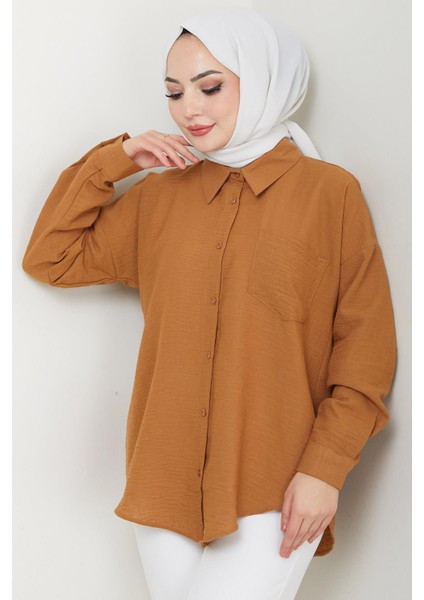 Tek Cepli Uzun Kol Oversize Keten Gömlek Taba HM2651 indirimleri