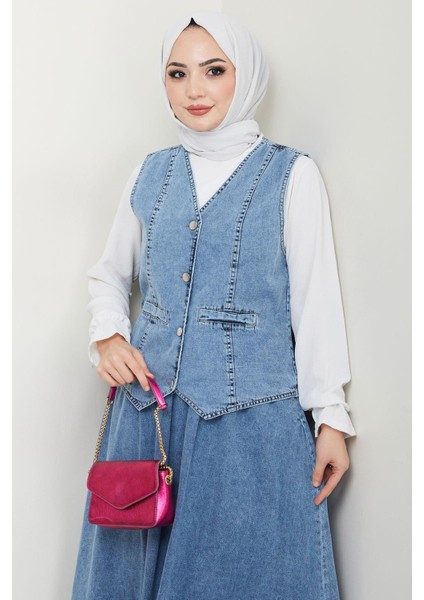 Yelekli Kot Etek Takım Mavi HM2675 modelleri