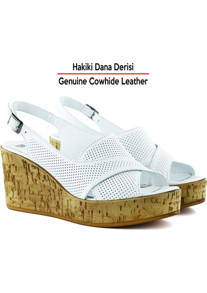 Serie Beyaz Hakiki Dana Derisi Delik Detaylı Mantar Taban Görünümlü Dolgu Topuklu Slingback Sandalet modelleri