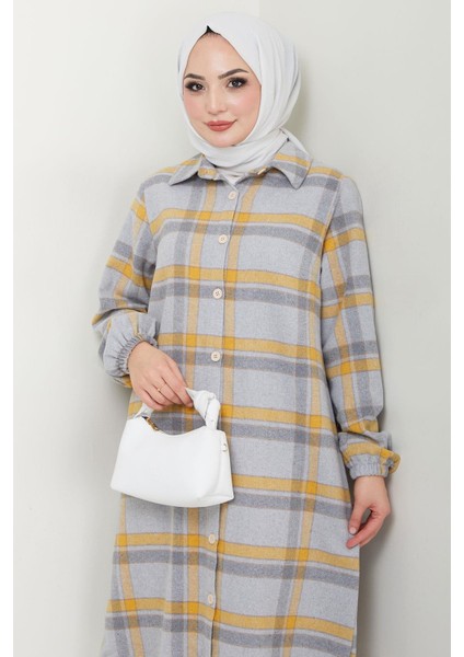 Uzun Ekose Oduncu Gömlek Tunik Gri HM2652 modelleri