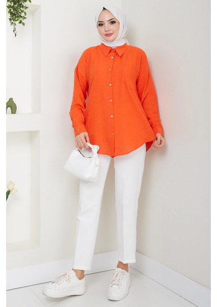 Tek Cepli Uzun Kol Oversize Keten Gömlek Mercan HM2651