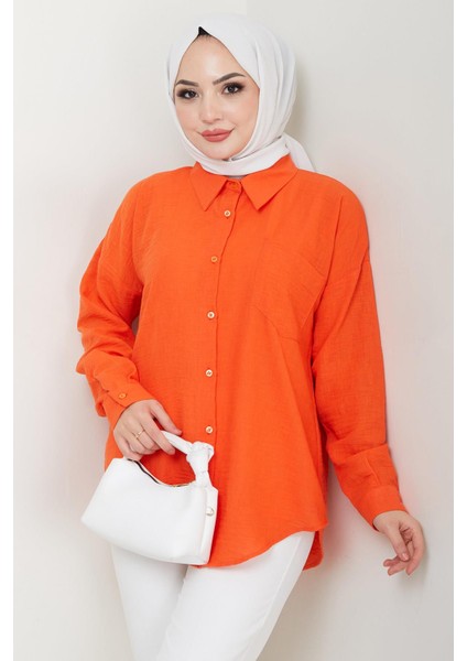 Tek Cepli Uzun Kol Oversize Keten Gömlek Mercan HM2651 fiyatları